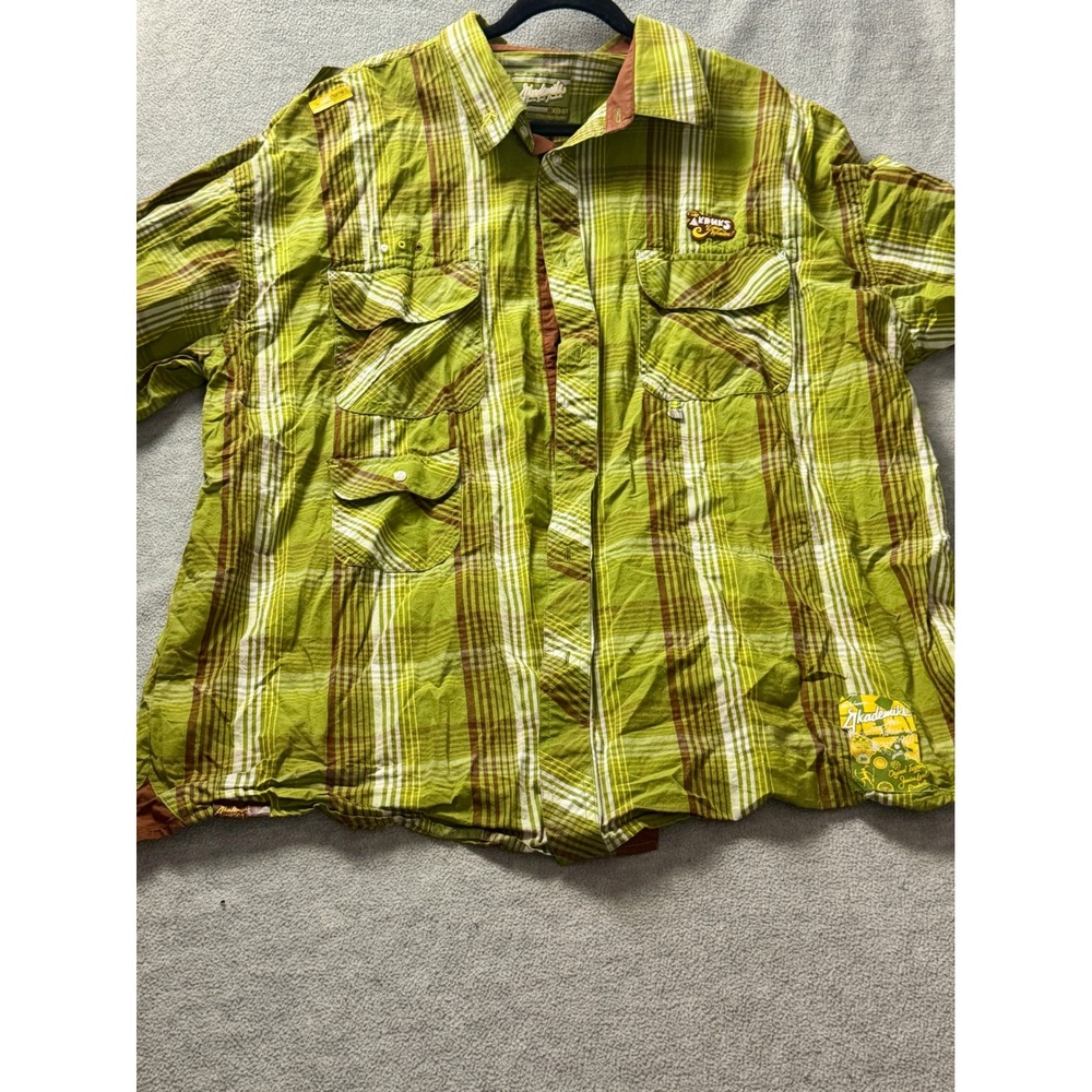 Akademiks Mens 3XL Plaid Short Sleeve Button Down Shirt Green Brown Y2K Hip Hop